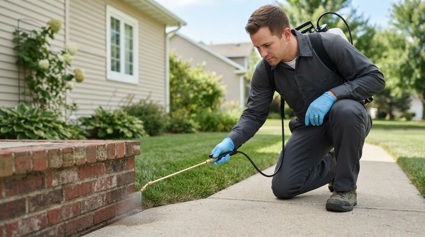 Pest control technician treating a home near Farmingville, NY