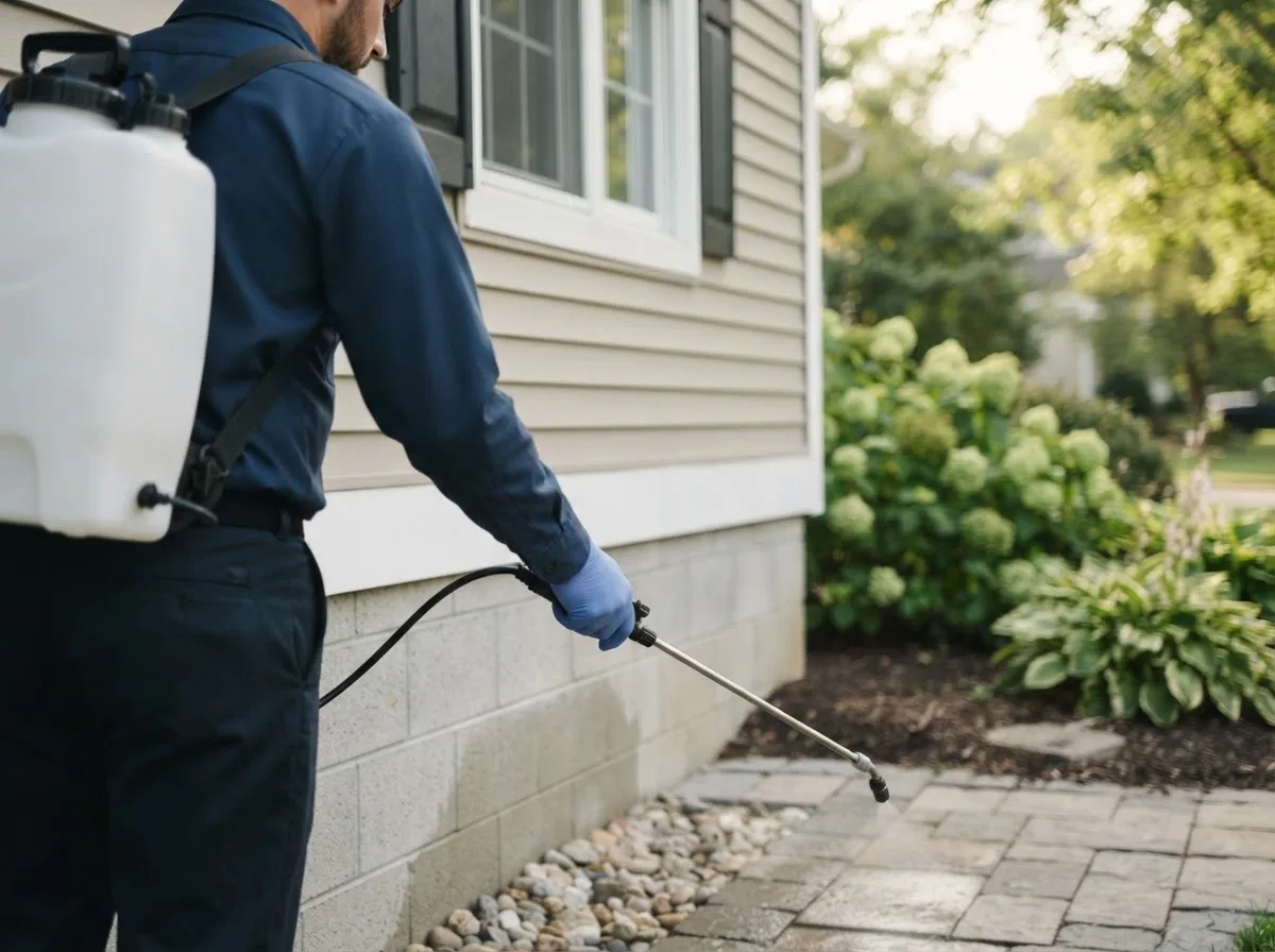 Pest control technician inspecting a home in Farmingville, NY